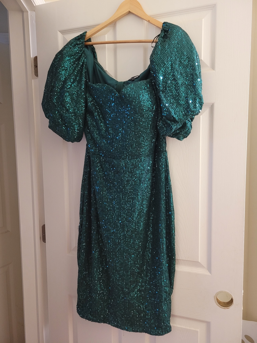 Fashion Nova Green Sequin Puff Sleeve Midi Dress